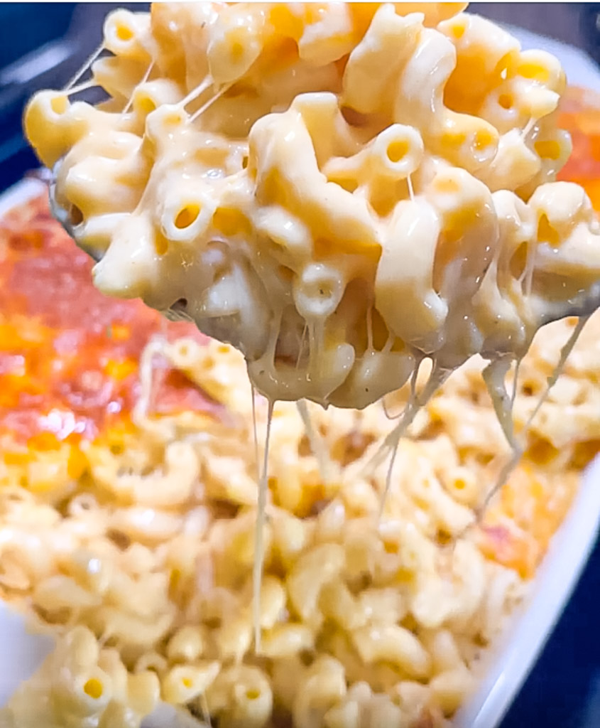 a scoop of creamy old fashioned baked macaroni and cheese