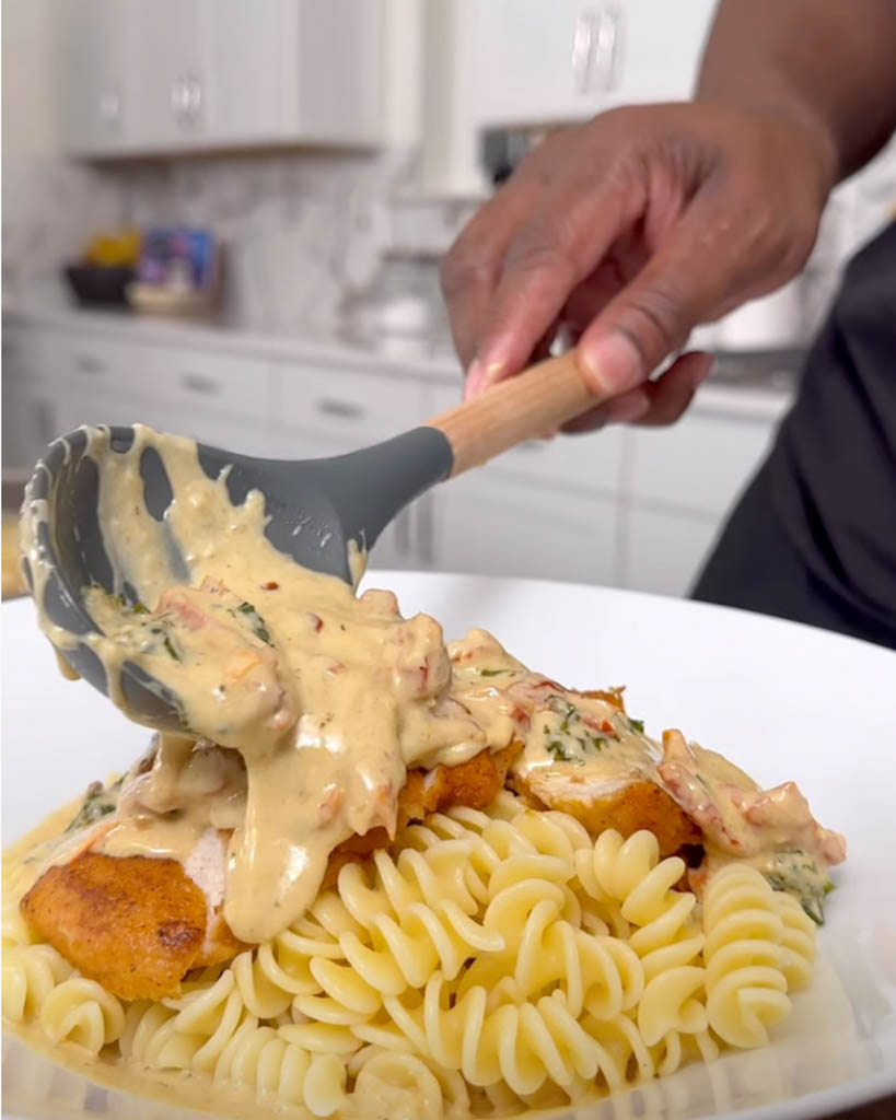 Dave plating marry me chicken with pasta