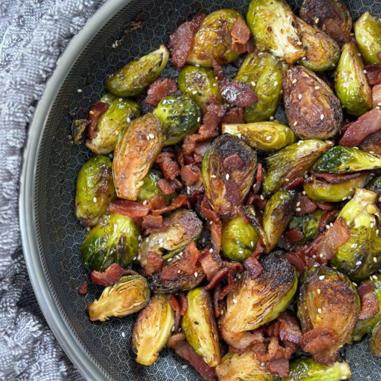 Brussel Sprouts with Bacon and Balsamic Glaze in a serving platter.
