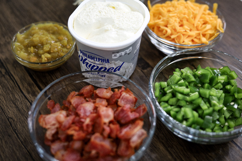 All ingredients for the jalapeno popper dip set up on the table.