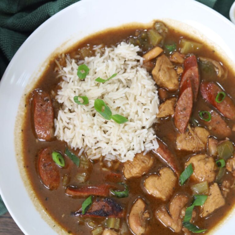 Chicken and Sausage Gumbo in a bowl served with rice